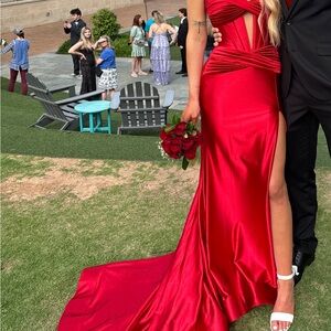 Sherri Hill Red Satin Prom Gown with Side Slit